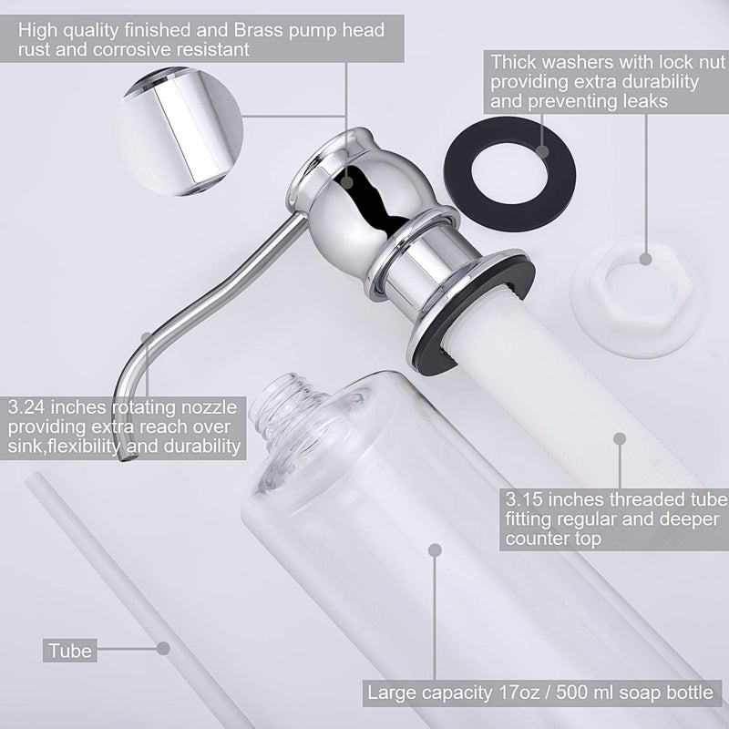 Samodra Kitchen Sink Soap/Lotion Dispenser, Brass Pump Head Chrome Finish 12 OZ Bottle Built in Design Refill from The Top for Granite Thick Deck Installs - Image 3